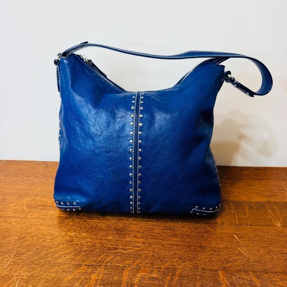 Michael Kors‎ Blue Leather Studded Hobo Shoulder Bag Silver Hardware Y2K Vinage
